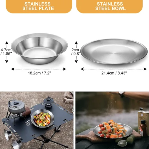 Vista 5 de Odoland Juego de utensilios de cocina de acero inoxidable para acampar para familia y persona, cubiertos de vajilla de cocina con platos, tazones