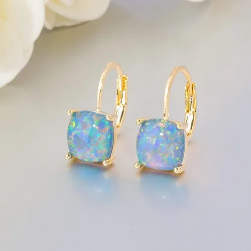 Vista 4 de CiNily Aretes colgantes para mujeres y niñas, hipoalergénicos, chapados en oro de 14 quilates, aretes con dije cuadrado de ópalo, aretes de palanca