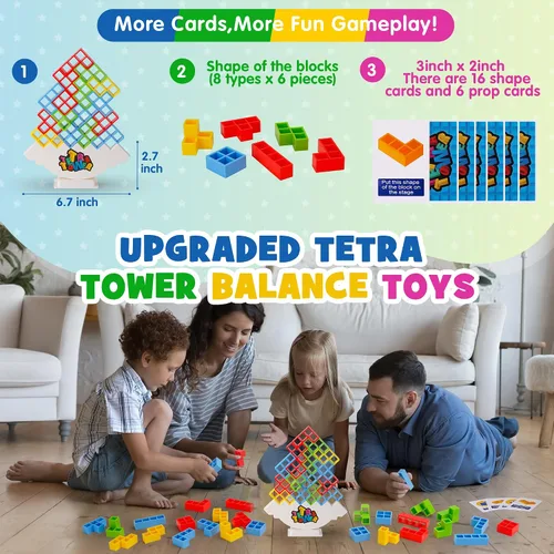Vista 2 de WOWNOVA Juego de 32 piezas de bloques de equilibrio de construcción apilables de torre Tetra para niños, adultos y noche de juegos familiares