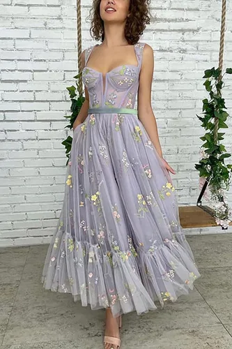 Vista 3 de Basgute Vestido de fiesta de tul con bordado de flores para mujer, corsé, largo, con tirantes delgados, de hadas, fruncido, formal, vestido de fiesta