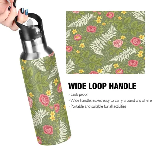 Vista 4 de Vintage Botanical Flowers Green Stainless Steel Vacuum Insulated Water Bottle 20 Oz Leakproof Water Bottles, BPA-Free Sports Water Bottle
