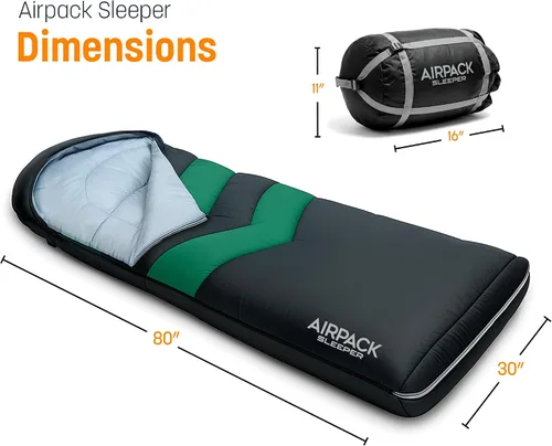 Vista 2 de Saco de dormir con almohadilla integrada (AirPack Sleeper) – Colchoneta inflable todo en uno y manta con cremallera para acampar con bomba de pie