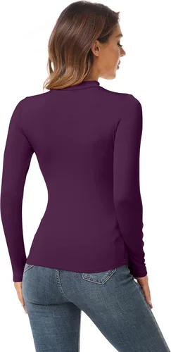 Vista 5 de AUHEGN Camisetas de cuello alto falso para mujer, estilo casual, ajustadas, de manga larga, de capa base