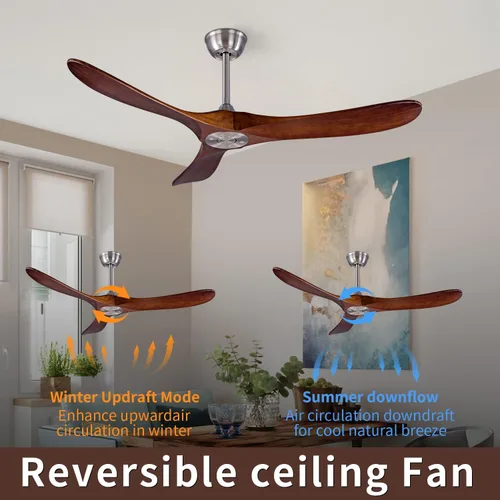 Vista 3 de Ventilador de techo de madera para interiores y exteriores de 52 pulgadas, ventilador de techo CC de 3 aspas con control remoto, 2 varillas Cuerpo