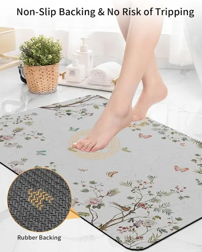 Vista 4 de Tapete de baño con diseño de árbol de flores, antideslizante, de secado rápido y absorbente, tierra de diatomeas, cocina, ducha, fregadero, lavable