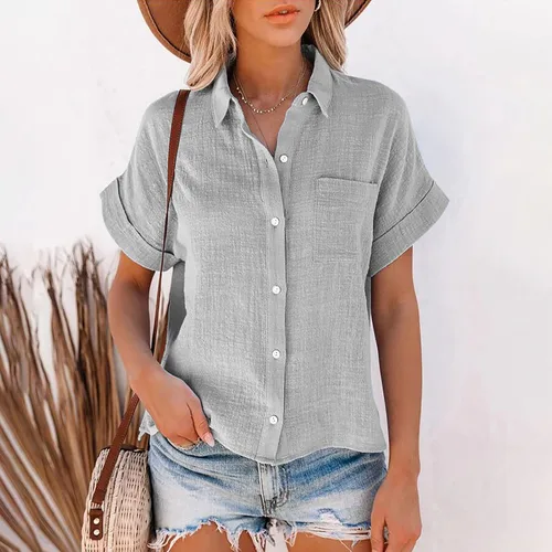 Vista 3 de SMIDOW Camisas de lino de algodón con botones para mujer, cuello en V, manga corta, enrollables, blusas de cuello holgado, blusas casuales de trabajo