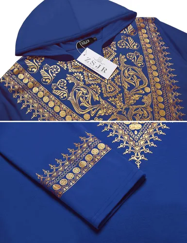 Vista 7 de ZSJR Camisa africana con capucha para hombre, estampado dorado metálico, con estampado de Dashiki