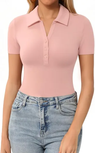 Vista 10 de HERLOLLYCHIPS Womens Short Sleeve Tops V Neck Button Down Collared Fitted Shirts