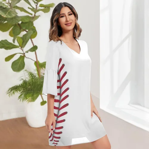 Vista 4 de Vestido de béisbol con costuras rojas y pelota blanca para mujer, vestido de gasa de manga corta, cuello en V, con volantes, talla S 2045270