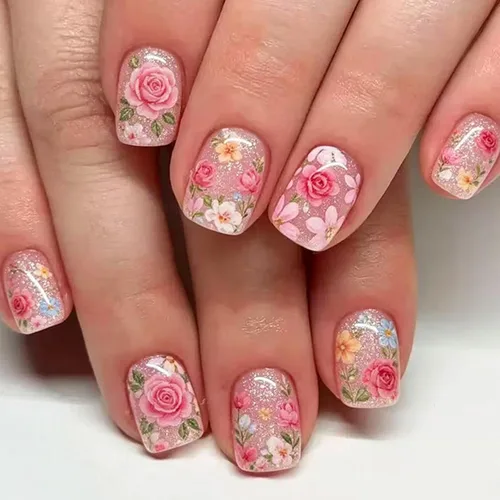 Vista 20 de Uñas postizas a presión con punta francesa, uñas postizas cuadradas cortas con diseños de cuentas de flores 3D, uñas blancas a presión, uñas Blanco