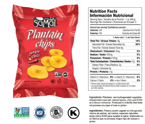 Vista 2 de SAMAI Chips de plátano de chile de 2.65 onzas, paquete de 15 unidades, totalmente naturales, sin OMG, sin gluten y Kosher