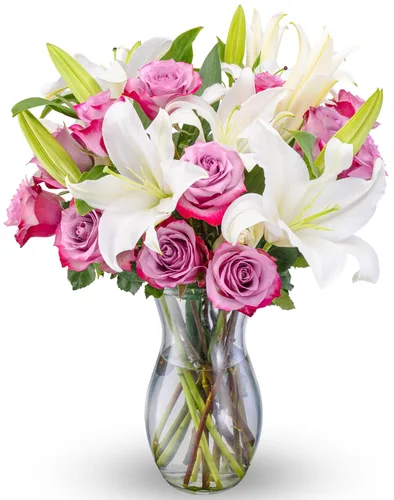 Vista 11 de Benchmark Bouquets - Rosas rosas y lirios, jarrón incluido, flores frescas cortadas y cultivadas, regalo para decoración del hogar, cumpleaños