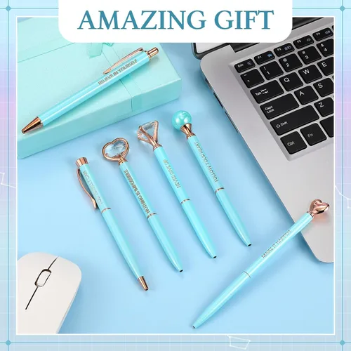 Vista 3 de Yeaqee Juego de 6 bolígrafos inspiradores para mujer, regalo 2026, bolígrafos de diamante con cristal, suministros de oficina motivacionales con Azul