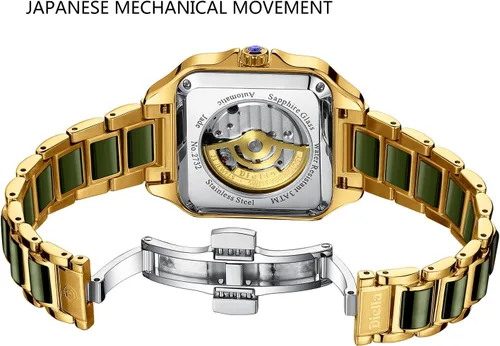 Vista 4 de Diella Reloj de pulsera rectangular para hombre, relojes automáticos de cuerda automática para hombre con jade y reloj de acero inoxidable, reloj