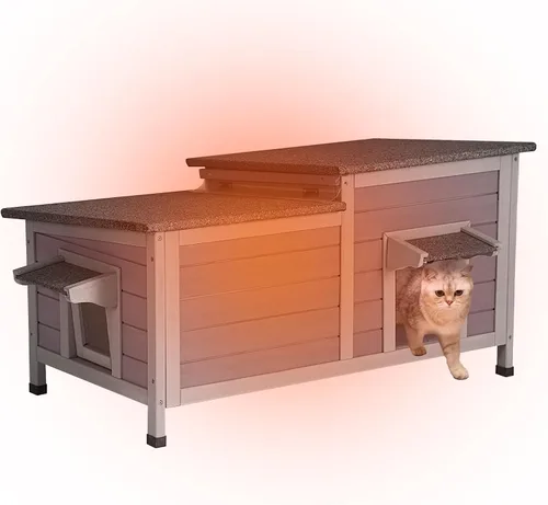 Vista 7 de Aivituvin Casa de gatos al aire libre resistente a la intemperie con dos pisos, refugio para gatos salvajes con puertas de escape, madera maciza