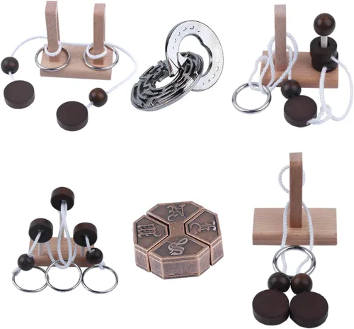 Vista 9 de Rompecabezas de madera para enhebrar la cuerda, rompecabezas de lazo Luban Lock Brain Teaser, juego para adultos y niños (4)