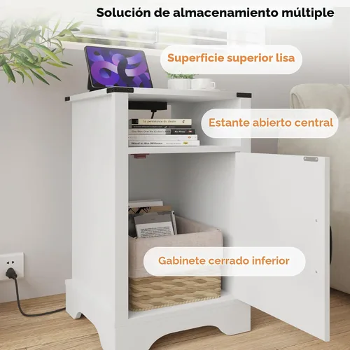 Vista 7 de FansaFurn Mesa auxiliar de granja con estación de carga para dormitorio Blanco