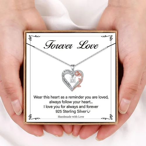 Vista 7 de Memorjew Regalos de corazón rosa para mujer, plata de ley 925, collar con dije de corazón con letra inicial de corazón, regalo de cumpleaños