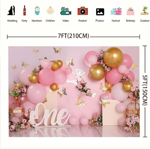 Vista 8 de Telón de fondo de 1er cumpleaños para niña, globos rosados, mariposa dorada, dulce para niños, decoración de fiesta de cumpleaños, fotografía