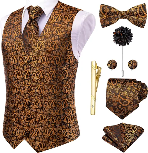 Vista 12 de Hi-Tie Chaleco de traje de seda para hombre, corbata y corbatín de solapa, clip de corbata dorado, chaleco floral de cachemira, 8 piezas, conjunto