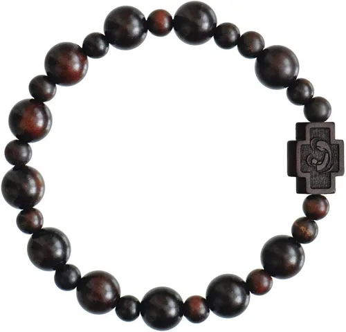 Vista 2 de Sine Cera Pulsera de rosario católico de madera de azufaifo oscuro, cuentas lisas de 0.394 in