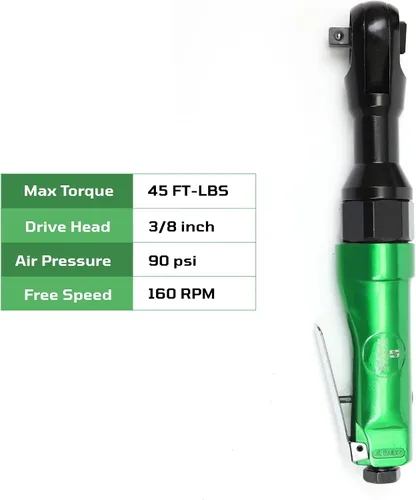 Vista 2 de Dynamic Power Trinquete de aire profesional reversible de 3/8 pulgadas (verde y negro) Par máximo: 45 FT-LBS