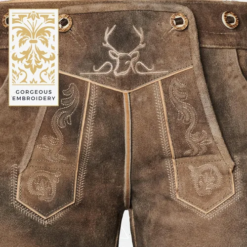 Vista 7 de Lederhosen Men Oktoberfest Costume, Genuine Leather German, Mushroom Brown Short