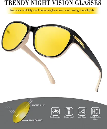 Vista 5 de LVIOE Lentes de conducción nocturna para mujeres y hombres, antirreflejos, polarizados, amarillos, lentes de visión nocturna para la noche, LN2317