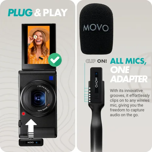 Vista 5 de Movo Mini micrófonos inalámbricos inalámbricos para cámara con adaptador de mano WMX-HM - Transmisor inalámbrico de 2.4Ghz con micrófono de solapa