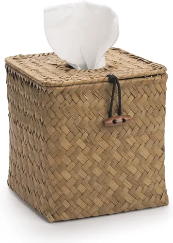 Vista 9 de Cubierta de caja de pañuelos cuadrada de Seagrass tejido para servilletas decorativa para baño estilo granja (café, 14 x 14 x 14 cm)