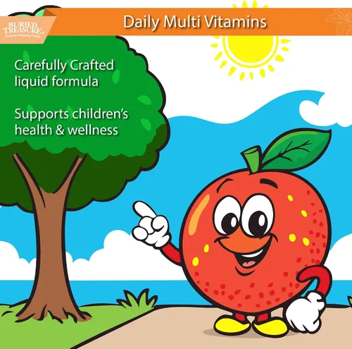 Vista 3 de Buried Treasure - Multivitamínico líquido diario para niños, 27 vitaminas y minerales con mezcla de superalimentos, sin azúcar, vegano, sabor