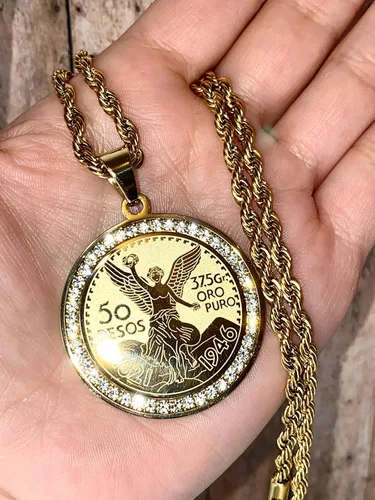 Vista 2 de Hombres Mujeres 925 Italia 14k Acabado Oro helado Moneda Mexicano Moneda 50 Pesos Ice Out Colgante Acero Inoxidable Real 0.098in Cadena Cadena