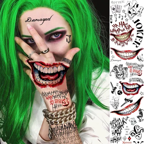Vista 2 de EGMBGM 5 hojas de tatuajes temporales de Joker 3D para hombres, mujeres y adultos, kit de maquillaje de Halloween, payaso fantasma, sonrisa