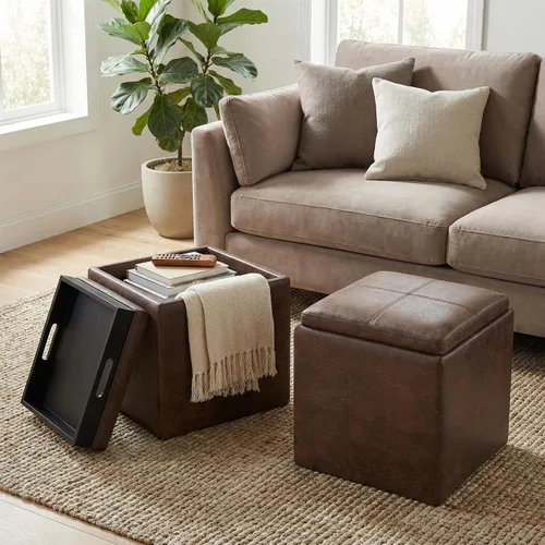 Vista 3 de SIMPLIHOME Rockwood - Otomana de almacenamiento en cubo con bandeja, otomana tapizada de cuero vegano de 17 pulgadas de ancho en marrón envejecido