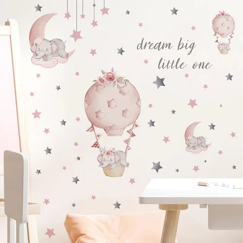 Vista 6 de Adhesivo de pared grande con diseño de elefante y elefante rosa durmiendo, sacinora Moon and Stars, vinilo extraíble para niños, guardería