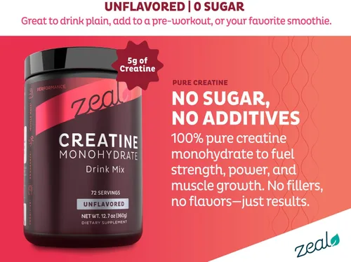 Vista 2 de Zeal - Monohidrato de creatina micronizada en polvo Creatina pura sin sabor 0.18 oz por porción, 72 porciones Apoya el crecimiento muscular