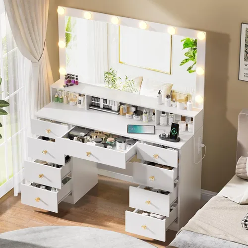 Vista 12 de Escritorio negro con espejo y luces, tocador de maquillaje con 9 cajones, 6 estantes y toma de corriente, espejo de pantalla táctil, tocador