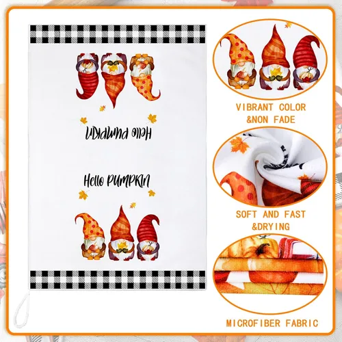 Vista 6 de Sratte 4 piezas de toallas de cocina de Acción de Gracias, toallas de mano de otoño 16 x 24 pulgadas, paño de cocina de calabaza, gnomo de otoño