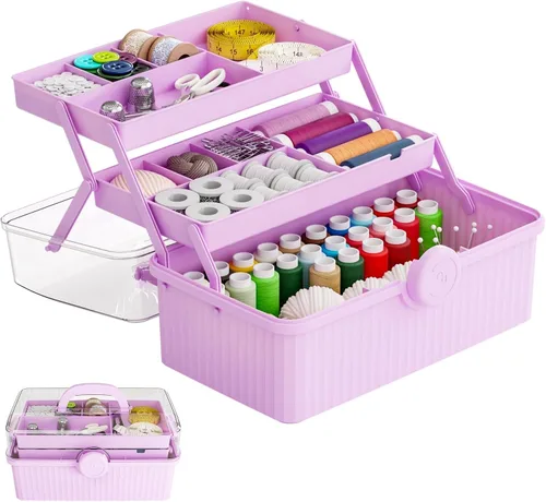 Vista 10 de Caja de plástico de 3 capas para manualidades y caja de herramientas para manualidades, caja de almacenamiento de plástico multiusos con asa