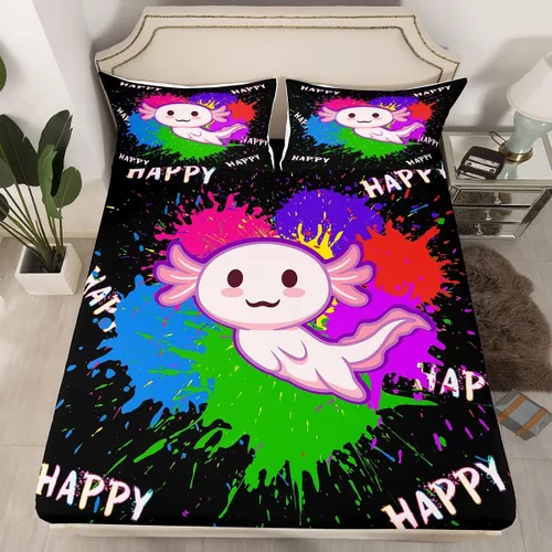 Vista 2 de Homewish Axolotl - Sábana bajera ajustable Kawaii para niños, tamaño individual, juego de ropa de cama de teñido anudado con pintura de acuarela