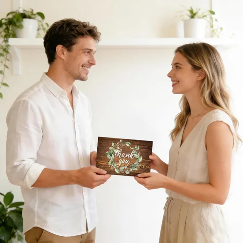 Vista 7 de Whaline Paquete de 30 tarjetas de agradecimiento rústicas con sobres, calcomanías de acuarela, eucalipto marrón, tarjetas de felicitación