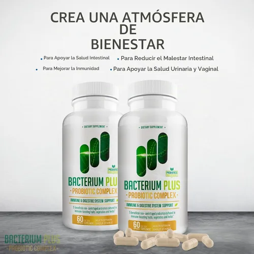 Vista 4 de Bacterium Plus, producto natural, cápsulas vegetarianas, bienestar general, 60 unidades, paquete de 1