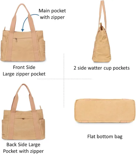 Vista 4 de Bolso de mano, bolso de hombro Mulititi, bolsillos de lona, bolso de vacaciones con cremallera, bolso de trabajo, regalos para mujer