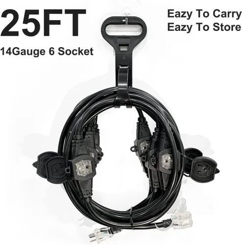 Vista 2 de Cable de Extensión de Corriente de 25 Pies con 3 Clavijas, Cable SJTW Calibre 12 5-15R de Enchufe Macho a Conector Hembra, 7 Tomacorrientes