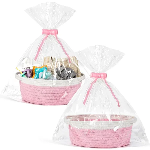 Vista 11 de Paquete de 2 cestas pequeñas tejidas con bolsas de regalo y cintas, caja de cofre de regalo decorativa vacía, linda cesta de regalo para bebé