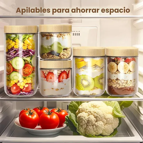 Vista 6 de Paquete de 2 recipientes para avena nocturna de 10 onzas con tapas de bambú, frascos de vidrio con tapas herméticas para preparación de comidas