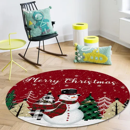 Vista 5 de Alfombra redonda de 3 pies de diámetro, diseño de muñeco de nieve, búfalo, árbol de Navidad, feliz año nuevo, rojo, tapete decorativo de Navidad
