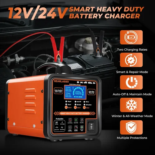 Vista 2 de Cargador de batería de coche de 12 V 24 V resistente, mantenedor de batería automático de 0-15 A con apagado automático, modo de reparación e