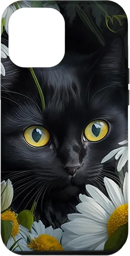 Vista 25 de iPhone 16 Black Cat with Daisies – Enchanting Floral Design Case