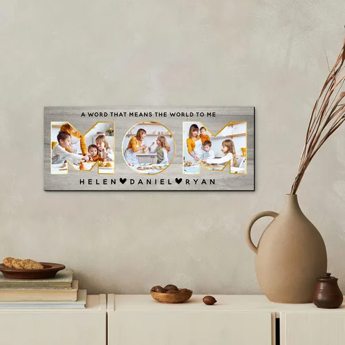 Vista 7 de MOM - Regalos para mamá de hija, hijo - Letrero de foto personalizado con imágenes de niños 2 tamaños, 8 colores de fondo Letrero de madera